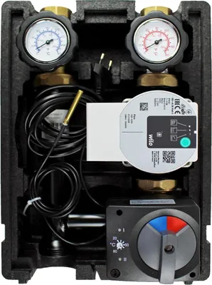 Immagine prodotto di Gruppo pompa circuito di riscaldamento EcoMix con miscelatore a tre vie, servomotore elettrico ELODRIVE con controllo integrato 20-80°C e pompa ad alta efficienza Wilo Para 25/6