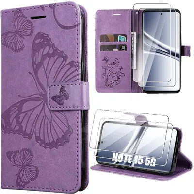 Image de Coque + 2 Verres Trempés pour Xiaomi Redmi Note 15 5G/4G, Flip Case Motif Papillon CuirPolyuréthaneViolet