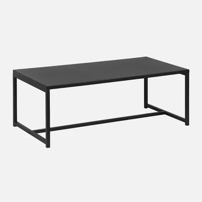 A black metal coffee table is shown against a plain light gray background.