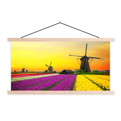 Produktbild von MuchoWow® Textilposter Windmühle - Tulpen - Blumen - Frühling 60x30 cm mit holzfarbenen Rahmen - Dekoration