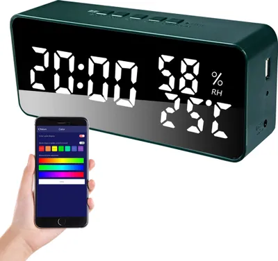 Produktbild von Wecker fuer Schlafzimmer, 5 Alarme, LED-Anzeige, Spiegel, Schreibtischuhr mit Schlummerfunktion, 12/24-Stunden-Modus, elektronisches Datum, Temperatur, Luftfeuchtigkeitsanzeige, automatischer Helligkeitsdimmer, einstellbare Lautstaerke, Digitaluhr fuer Kinder, aeltere Menschen, Zuhause, Wohnzimmer, Buero
