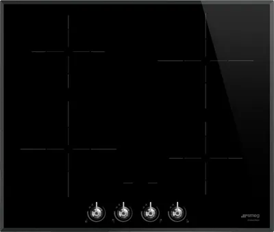 A black induction hob with four cooking zones and four control knobs at the bottom.