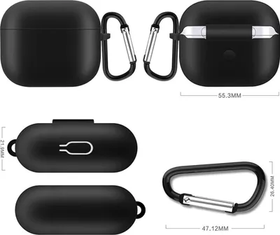 Collage of images showing a black silicone case for Apple AirPods 3 from different angles, with dimensions indicated.