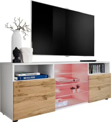 Produktbild von Komodee | TV-Schrank mit 3 Glasböden und 2 Türen Urbino, Korpus Weiß Matt Frontfarbe Wotan Matt, LED RGB