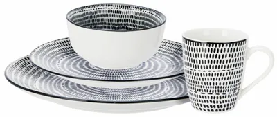 Obrázok produktu pre HOWHOMELY | Jedálenský servis – 16-dielna sada – biela – čierna – z porcelánu – sada riadu – do kuchyne
