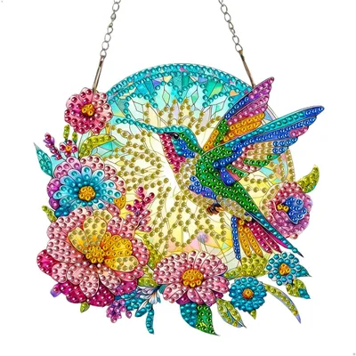5D Diamond Painting Set, Windgong mit Kette, Vogel & Blumen, DIY