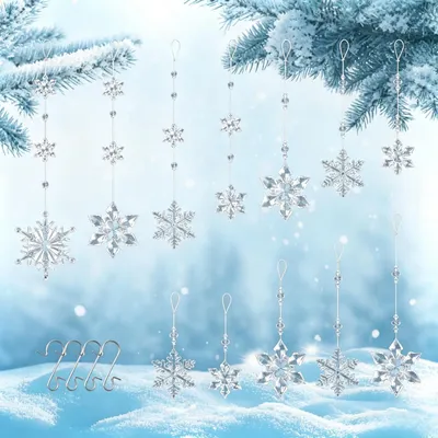 12 Acryl-Schneeflocken, transparent, Weihnachtsbaumschmuck