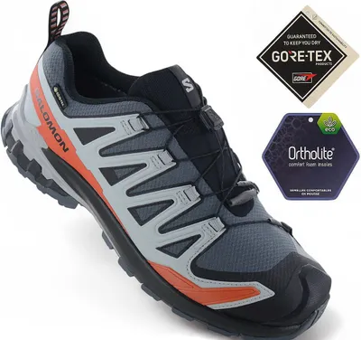 A single Salomon XA Pro 3D v9 GTX shoe is shown from a diagonal angle against a white background, with GORE-TEX and Ortholite tags displayed.