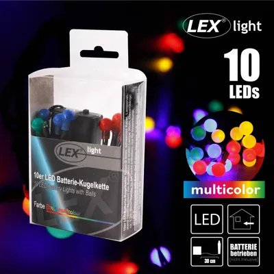 Product packaging for LED string lights with colorful balls, set against a dark background with blurred colorful lights.