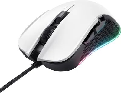 A white gaming mouse with RGB lighting on a white background.
