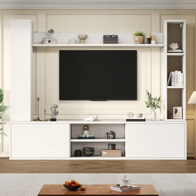 Zdjęcie produktu dla Sweiko 180x35x33,5 cm Zestaw mebli telewizyjnych z witrynami (kompletny zestaw, 4 elementy), ścianka multimedialna z półką pod telewizor, regał stojący i 2 półki ścienne, zestaw mebli telewizyjnych do salonu, szafka pod telewizor, stojąca i wisząca, telewizor do 80 cali, biały