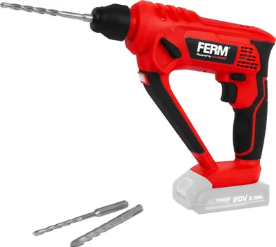 A red and black cordless hammer drill with drill bits in front of a white background.