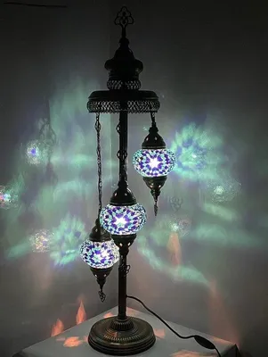 Produktbild von Türkische Mozaik-Vloerlampe - Marokkanische Lampe in Blau mit 3 Bällen - Handgemacht und Authentisch