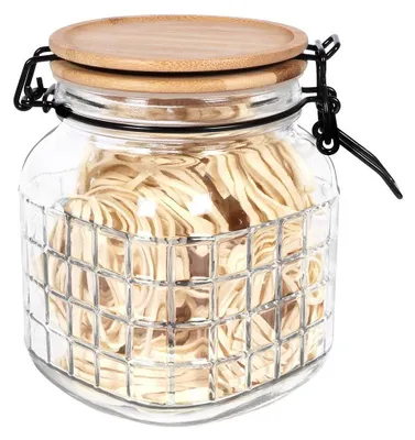 Image de Excellent Houseware Pot en verre avec couvercle en bambou Fermeture à étrier anti-fuite avec joint en caoutchouc 1,1l