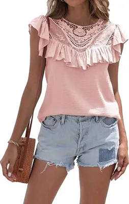 Image de ASKSA Chemise Femme Dentelle Tops Été Tunique Élégante Ruché Col Rond Chemise Manches Courtes, Rose, S