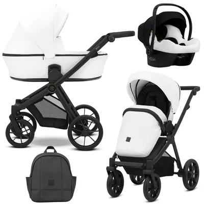 Image de Kunert BRAV 3in1 Poussette éco-cuir blanche avec cadre noir, roues articulées et siège auto