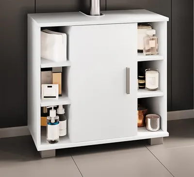 Produktbild von VCM Holz Waschbeckenunterschrank | Badschrank | Maße: H. 58 x B. 60 x T. 30 cm | 1 Drehtür | 2 Fächer | 6 kleine offene Regalfächer - Zalo M