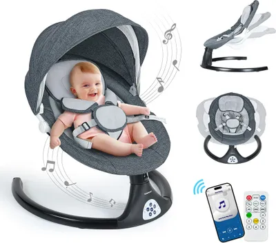 Produktbild von Babyschaukel, Caveen Elektrische bluetooth-Babywippe, 5 Schaukelgeschwindigkeiten, 3 Sitzpositionen, Adapter und batterie Betrieben, Schwarz