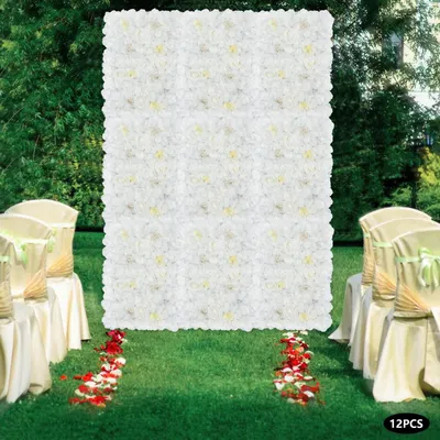 Produktbild von Blumenwand Deko - Hochzeits Hintergrund Paneel - Ohne Montage, Gitterrückseite Zum Aufhängen, Kunstblumen Blütenköpfe, Für Innenbereich, Polyester - Weiß