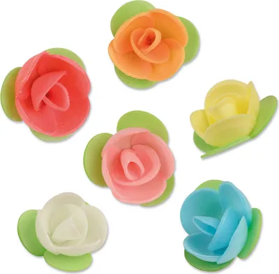 Produktbild von 150 Stück Oblaten Rosen bunt in 6 Farben orange, gelb, rot, rosa, blau, grün, weiss