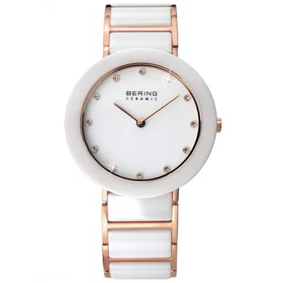 A close-up studio shot of a Bering ceramic women's watch.