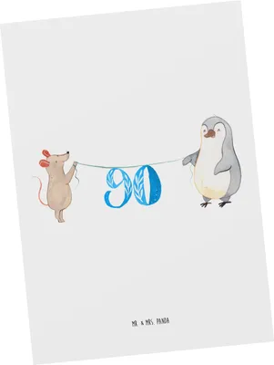 Produktbild von Mr. & Mrs. Panda Postkarte 90. Geburtstag Maus Pinguin - Weiß - Geschenk, Herzlichen Glückwunsch, Postkarten, Grußkarte, einzelkarte, Party, Ansichtskarten, Kuchen