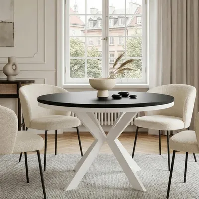 Image de Table ronde à rallonges pour salle à manger RAL avec piétement en anneau, style loft, industriel, diamètre : 90 / 140 cm, couleur : noir / blanc