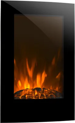 A wall-mounted electric fireplace with realistic LED flames and glowing logs.