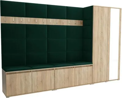 Produktbild von Garderoben-Set Noris V mit Spiegel, gepolsterte Garderobe 290 cm, Flurmöbel mit Wandpaneelen, 12 Haken und Schrank (Farbe: Sonoma Eiche + Trinity 28)