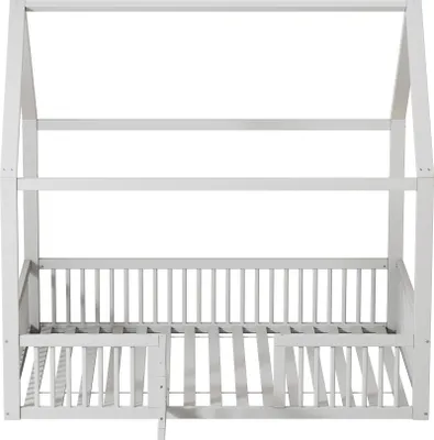 Produktbild von Flieks Kinderbett Bodenbett 140x200cm mit Tür, Hausbett Kinderbett mit Lattenrost, Holzbett Doppelbett Kinderzimmer, Weiß
