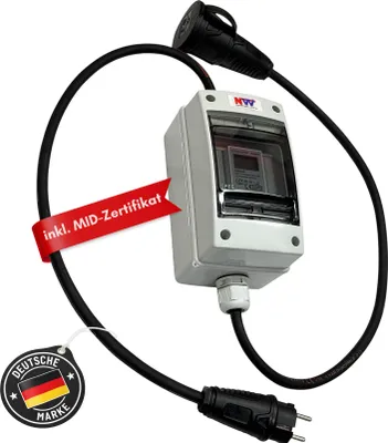 Produktbild von NWP Mobiler Schuko Stromzähler 230V – digital, multifunktional mit 7 Messanzeigen, MID-geeicht, IP54, 16A Energiezähler für Geräte & Maschinen, MID-Konformitätsunterlagen beiliegend