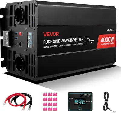 Produktbild von VEVOR 4000 W Wechselrichter, 12 V DC auf 230 V AC, reiner Sinus-Wechselrichter, mit LCD-Display, Fernbedienung, 2 USB-Anschlüssen, 2 AC-Steckdosen, Typ-C-Anschluss, für RV, LKW im Freien