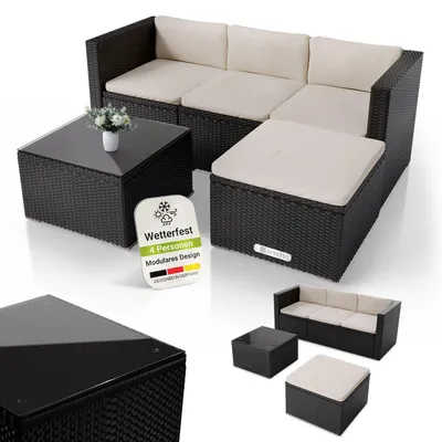 Produktbild von Juskys Polyrattan Lounge Punta Cana M schwarz – Gartenlounge Set für 3-4 Personen – Sitzgruppe mit Sofa, Tisch & Hocker - Sitzbezüge in Creme