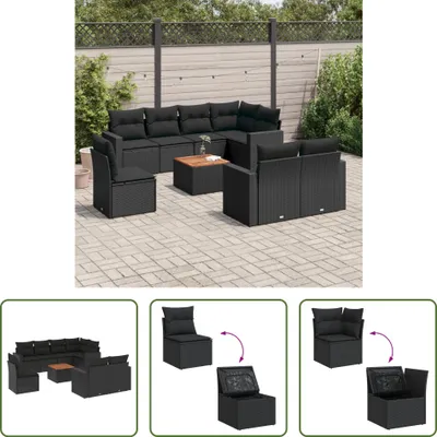 Produktbild von The Living Store 9-tlg. Garten-Sofagarnitur mit Kissen Schwarz Poly Rattan