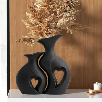 2er Set Keramikvasen Herzform Schwarz Matt Boho-Deko