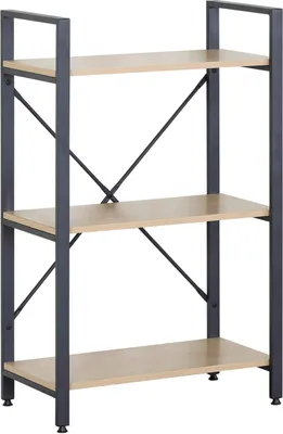 A three-shelf bookcase with a metal frame and wooden shelves, presented against a white background.