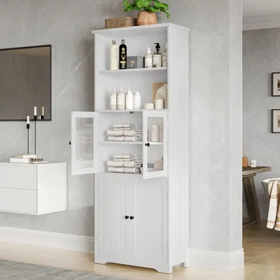 Image de Merax Armoire de salle de bain, armoire haute, armoire de salle de bain avec porte en verre et bois, compartiments ouverts, séparations réglables, 57x29x160 cm, blanc