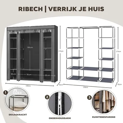 Productafbeelding van Stoffen kledingkast 45 x 150 x 175 cm, grijs, metaal, voor slaapkamer