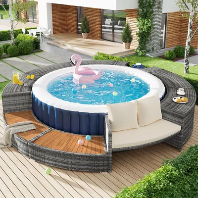 Zdjęcie produktu dla Zestaw ogrodowy Sweiko z okrągłą leżanką, zestaw mebli ogrodowych, zestaw wypoczynkowy, do jacuzzi i basenu, z regulowanymi nóżkami, w tym poduszki, meble na taras, do ogrodu lub na basen