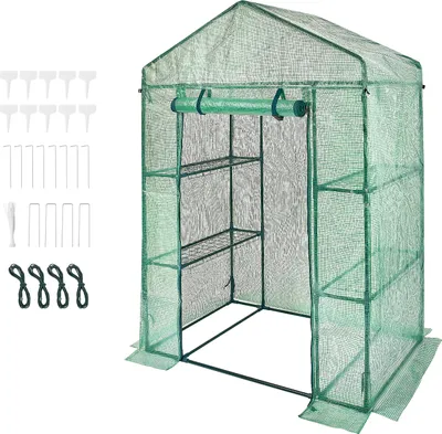 Zdjęcie produktu dla SucceBuy Szklarnia do wchodzenia, 4,6 x 2,4 x 6,7 ft z półkami, szybki montaż, obszar PE o wysokiej wytrzymałości, drzwi i okna, stalowa rama do roślin i przechowywania, zielona