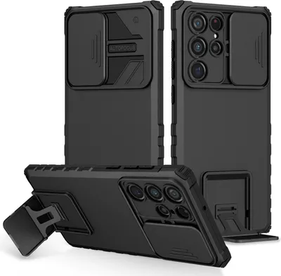 Produktbild von Pouzdro pro Samsung Galaxy S23 Ultra dvouvrstvé robustní, vojenská ochrana pouzdro s stojánku a posuvnou ochranou kamery černé