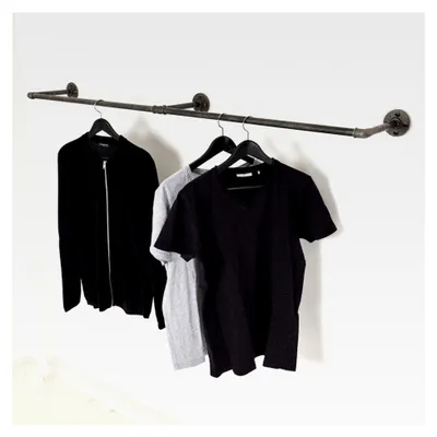 Produktbild von Wandmontierte Kleiderstange in Schwarz - Garderobenstange in verschiedenen Größen, z.B. 150 x 28 cm - Handgefertigte Garderobe im Industrial-Stil - Wandhalterung aus Metall - Teleskop-Kleiderstange in U-Form