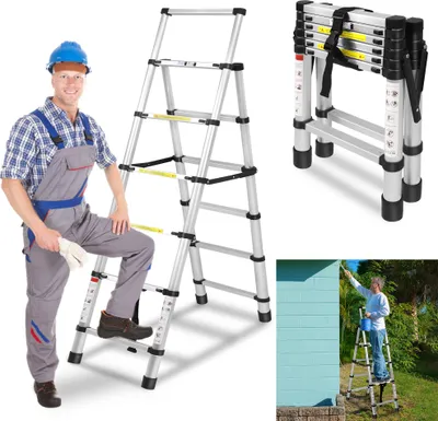 Produktbild von XMTECH Výsuvný rebrík Hliníkový teleskopický rebrík Skladací rebrík (1,7 m + 2 m) Protišmykový viacúčelový rebrík Prenosný výsuvný rebrík Maximálne zaťaženie 150 kg