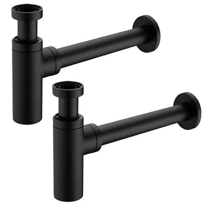 Produktbild von 2er Set Siphon Schwarz Sifon Ablaufgarnitur mit Geruchsschutz Waschbecken Waschtisch Abfluss Syphon Messing