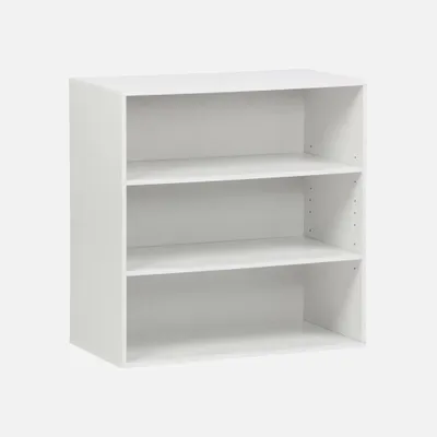 A white, three-shelf bookcase is shown against a plain white background.