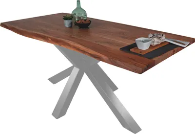 Produktbild von Esstisch Baumkante massiv Akazie Nussbaum 160 x 85 Spider-Gestell silber TIM