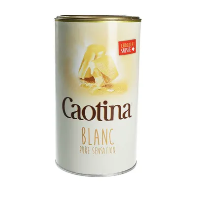 A can of Caotina Blanc white chocolate drink powder.