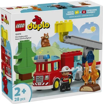 Produktbild von LEGO DUPLO Town Löschauto mit Schlauch und Feuerwehrmann- Lernspielzeug für Motorik - Rotes Feuerwehrauto mit Leiter, Figur und Eichhörnchen - Geschenk für Jungen und Mädchen ab 2 Jahren - 10473
