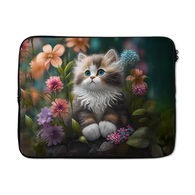 Produktbild von MuchoWow® Laptop Hülle 17 Zoll Laptoptasche Kätzchen - Illustration - Blumen - Natur - Katze - Zipper - Schutzabdeckung