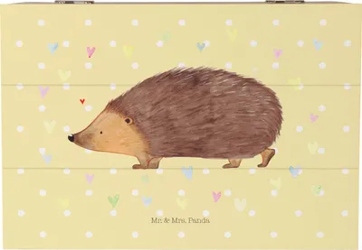Produktbild von Mr. & Mrs. Panda Box Igel Herzen 22 x 15 cm - Gelb Pastell - Geschenk, Truhe, Lustige Sprüche, Aufbewahrungskiste, Kiste, Liebe, Schatulle, schmuckbox, Herz, Vertrauen